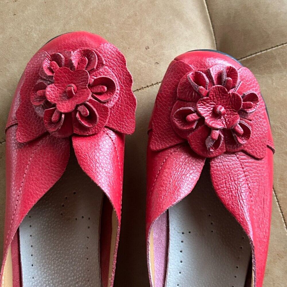 Red Lagenlook Art Teacher Ballet Flats Romantic Flower Soft Leather Shoes, 7.5 - Picture 3 of 11